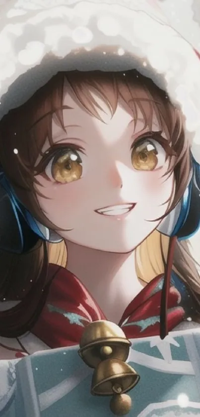 Anime girl with Santa hat and headphones in a festive setting.