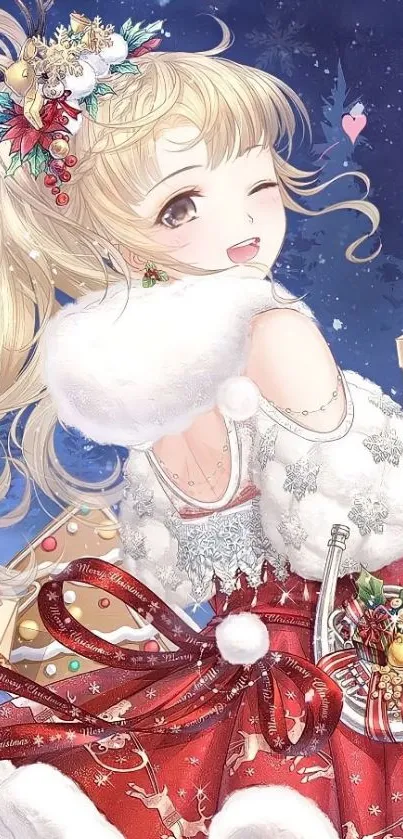 Festive anime girl with blonde hair winking among holiday decorations.