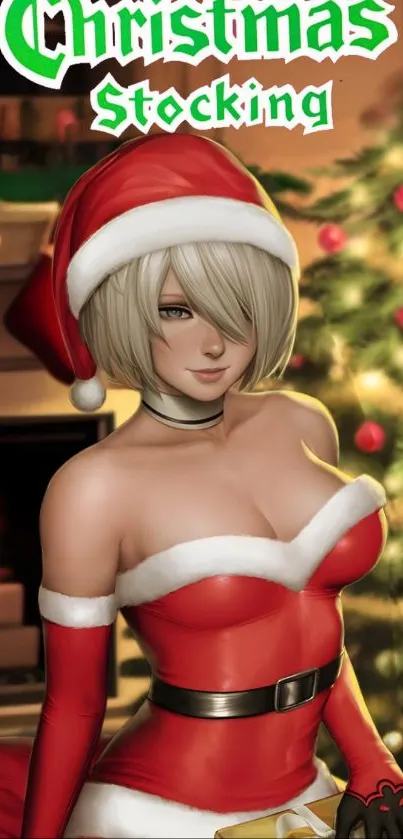 Anime character dressed in Christmas attire by festive tree.