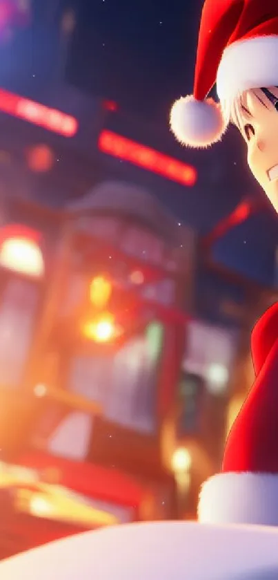 Cheerful anime character in Santa hat, glowing with holiday lights in the background.