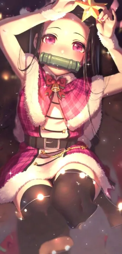 Festive anime character in pink winter outfit with holiday lights.