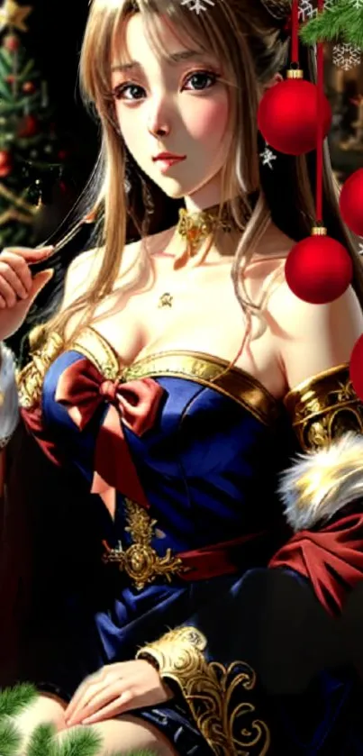 Festive anime princess sitting by a Christmas tree and fireplace in ornate attire.