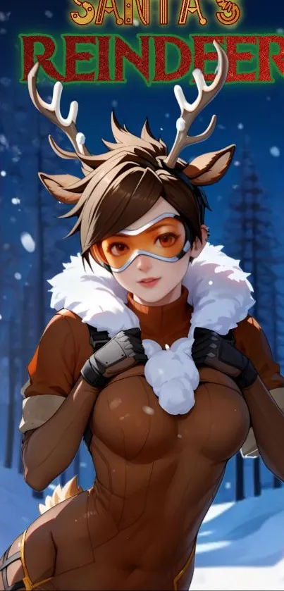 Anime character dressed as reindeer in snowy forest.