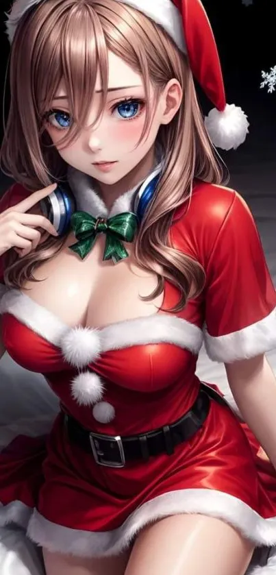 Anime girl in Santa outfit with snowflakes.