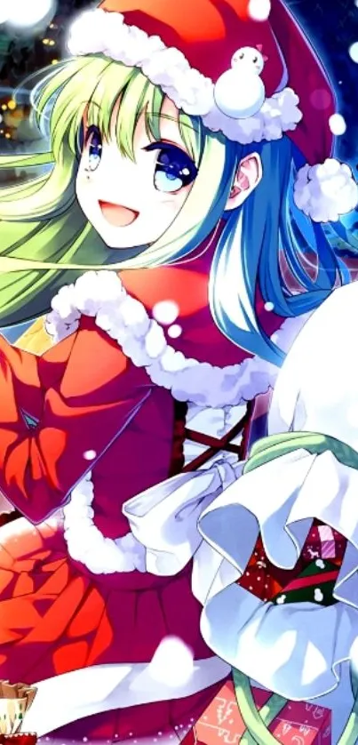 Anime character in Santa outfit with festive background.