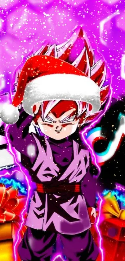 Anime character in Santa hat with gifts on a vibrant purple background.