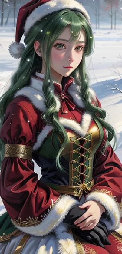 Anime girl in festive attire standing in a snowy winter landscape.