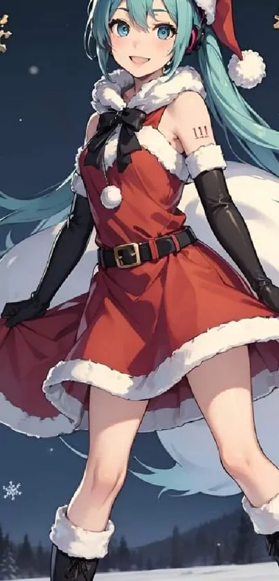 Festive anime character in Santa dress with snowy winter background.