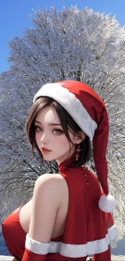 Anime character in red Christmas outfit with snowy tree background.