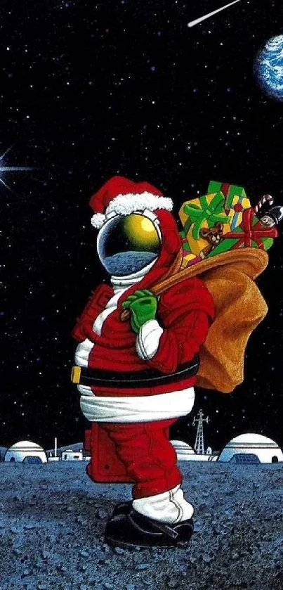 Astronaut in Santa suit with gifts under a starry sky on the moon.