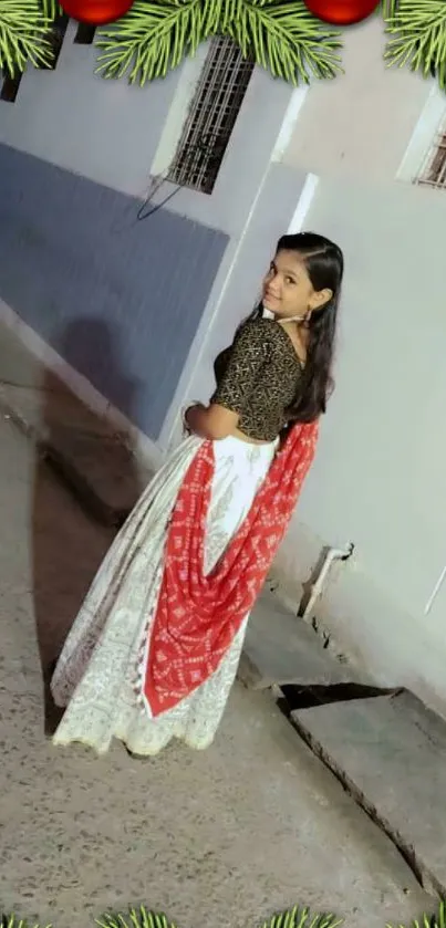 Woman in traditional attire with festive decorations.