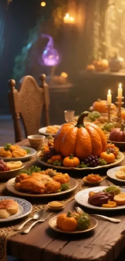 A beautifully decorated autumn table with pumpkins and candles.
