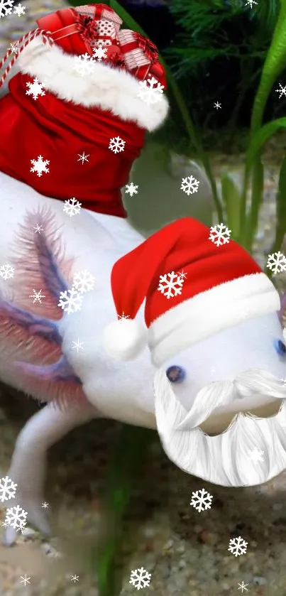 Festive axolotl wearing Santa hat and sack in a holiday-themed wallpaper.