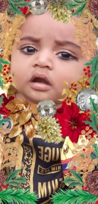 Festive baby in Christmas-themed frame with ornaments and greenery.