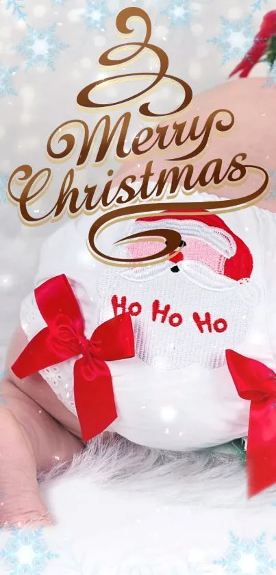 A cute baby with Merry Christmas text and festive decorations.
