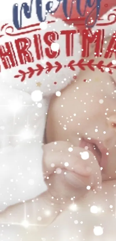 Adorable baby with Christmas theme and snow overlay.