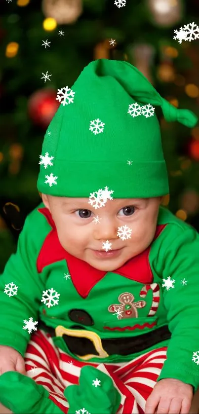 Baby in green elf costume with snowflakes, holiday themed mobile wallpaper.