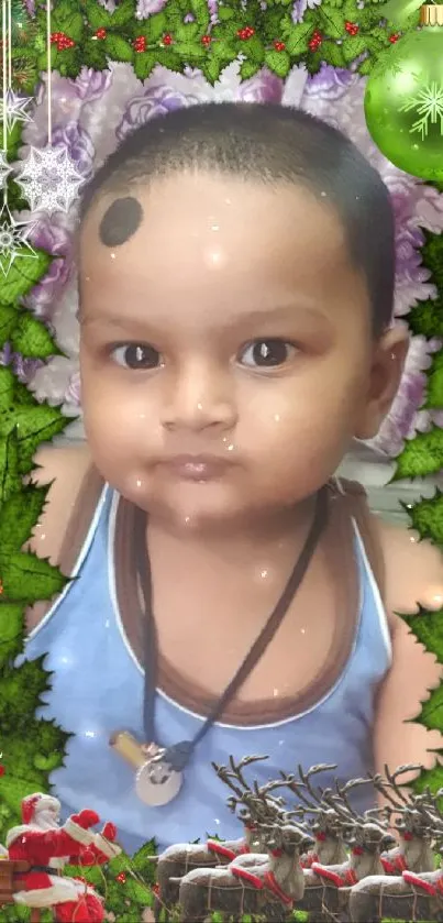 Cute baby with festive frame and toys in background.