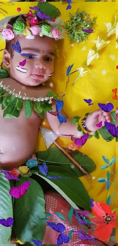 Baby in leafy costume on yellow background with vibrant festive details.