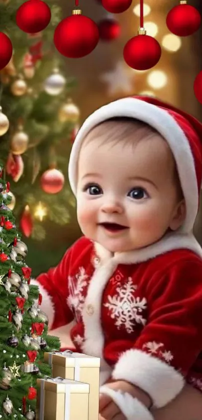 Smiling baby in Santa costume by Christmas tree.