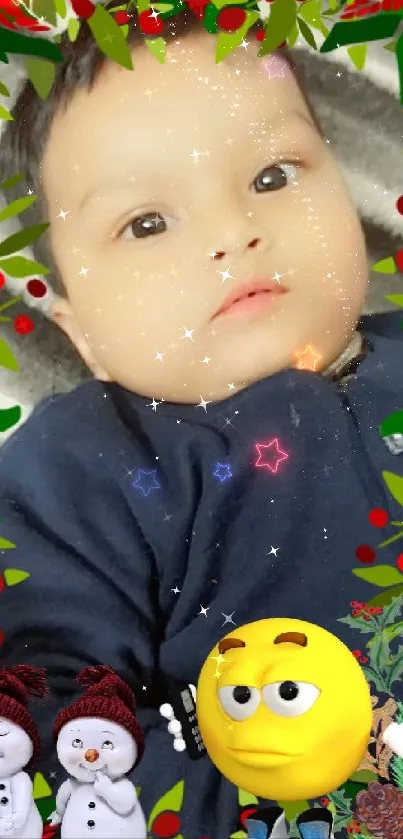 Baby with festive holiday decorations, snowmen, and emoji.