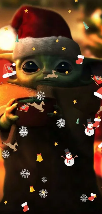 Baby Yoda in Santa hat surrounded by festive decorations.