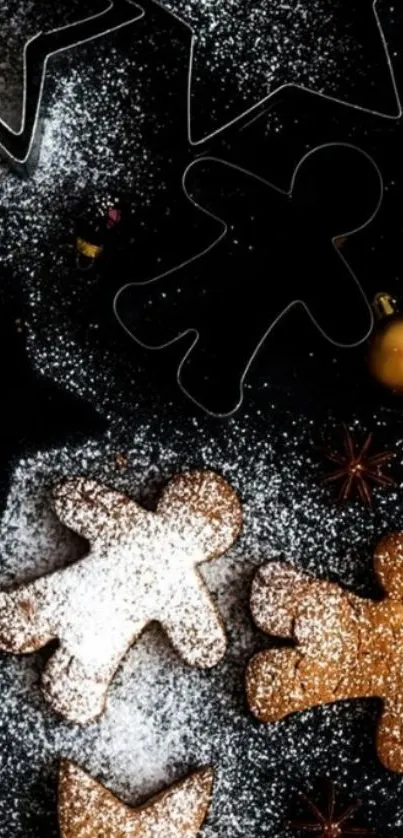 Festive wallpaper with gingerbread cookies and star cutouts dusted with sugar.