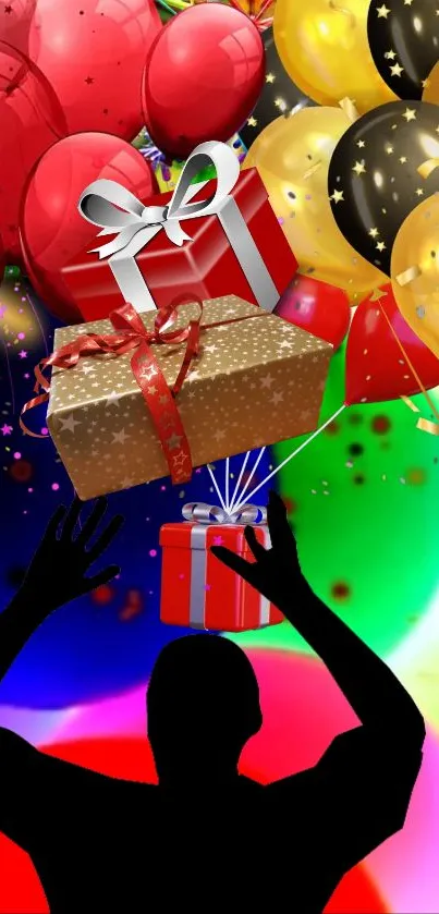 Vibrant balloons and gift boxes in red, gold, and black with silhouette figure.