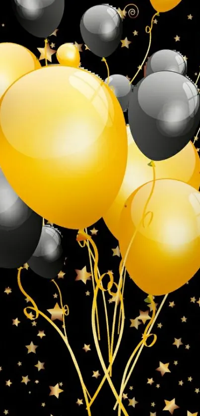 Festive wallpaper with yellow and black balloons on a starry background.