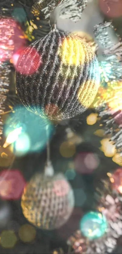 Colorful baubles and lights creating festive phone wallpaper.