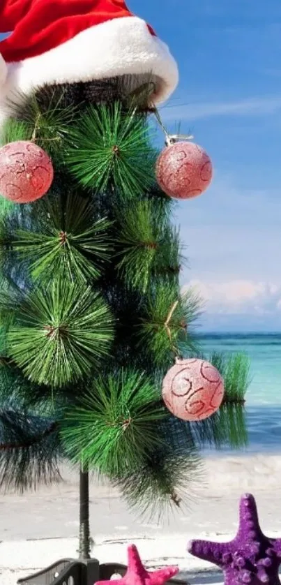 Tropical Christmas tree with baubles and Santa hat on a sunny beach.