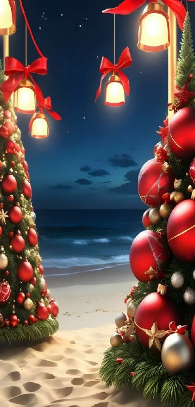 Beach Christmas scene with decorated trees and ocean view.