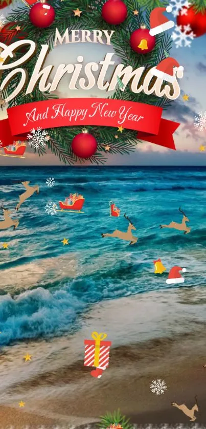 Christmas beach scene with festive decorations.