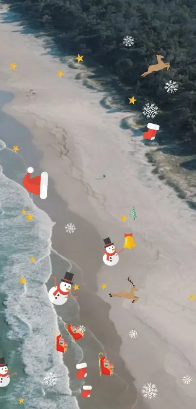 Festive beach wallpaper with snowmen, reindeer, and Santa hats on a sunny coast.