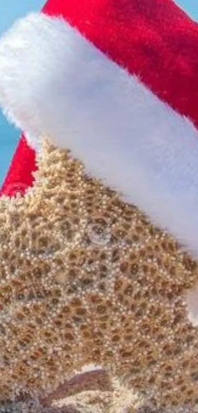 Starfish with Santa hat on sandy beach, blue sea background.