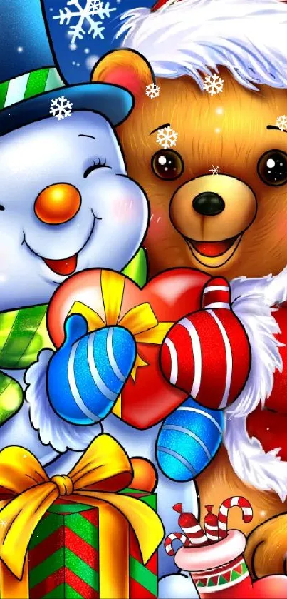 Festive cartoon bear and snowman with gifts.