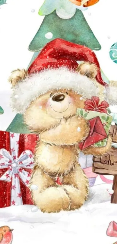 Festive teddy bear with gifts and a Christmas tree in the background wallpaper.