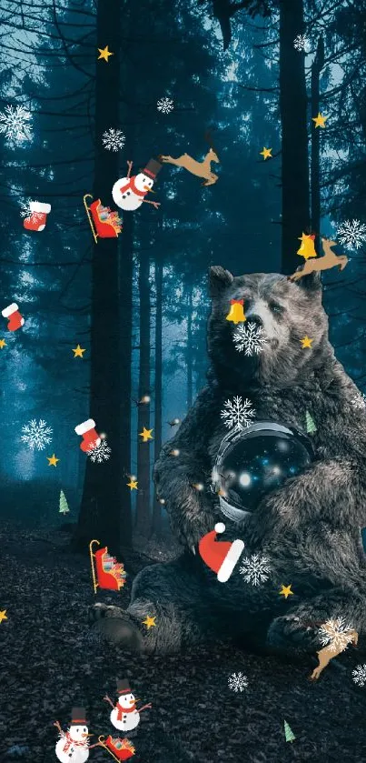 Bear sits in a festive, decorated forest with snowflakes and holiday symbols.