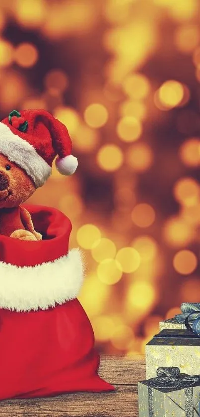 Christmas teddy bear with Santa hat and gifts on a festive background.