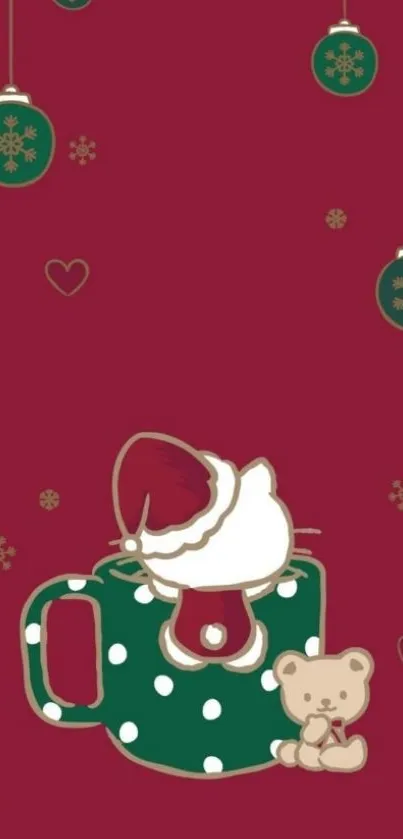 Cute teddy bear with hot chocolate in a festive maroon background with holiday decor.