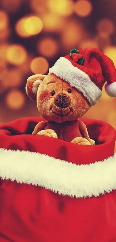 Teddy bear in Santa hat inside red sack with festive bokeh background.