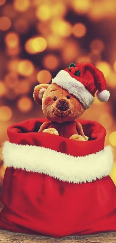 Teddy bear in Santa hat inside red sack, golden bokeh background.