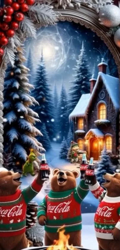 Festive bears celebrate in snowy winter scene.
