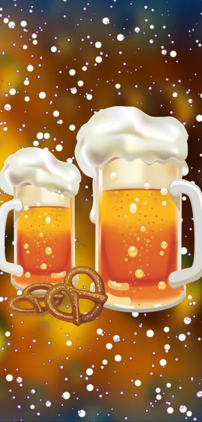 Two beer mugs with pretzels on a colorful festive background.