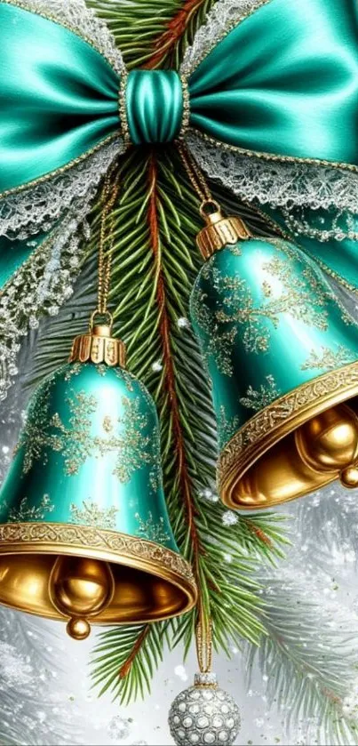 Turquoise holiday bells with satin bow and pine.