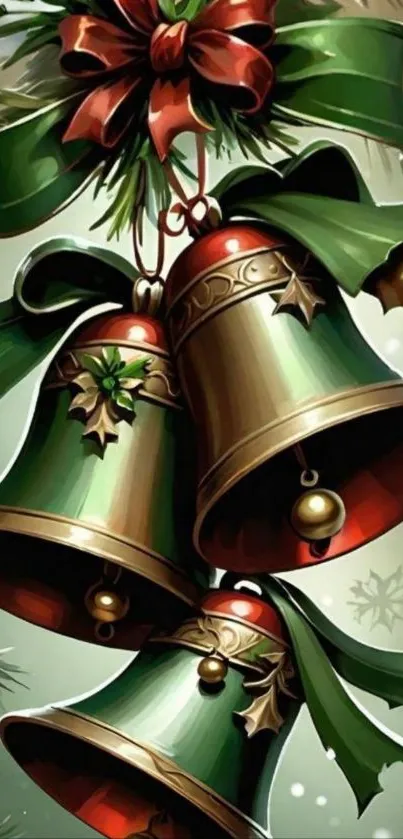 Festive bells with ribbons and holly.