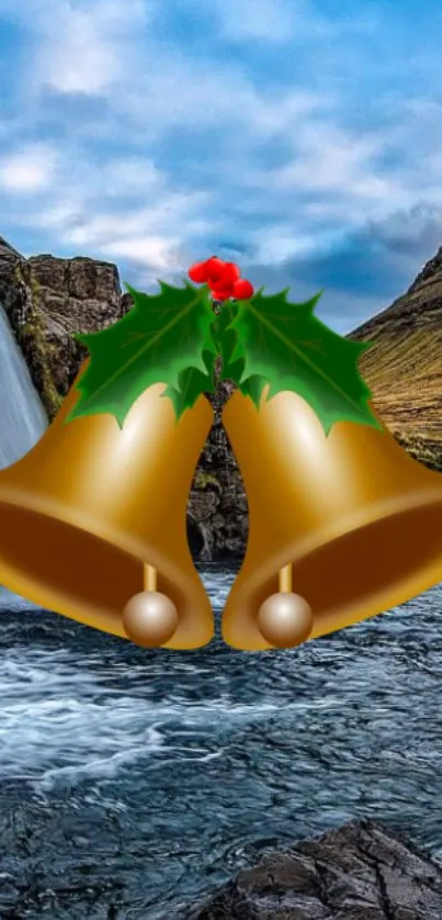 Golden bells with holly over scenic waterfall and mountain background.