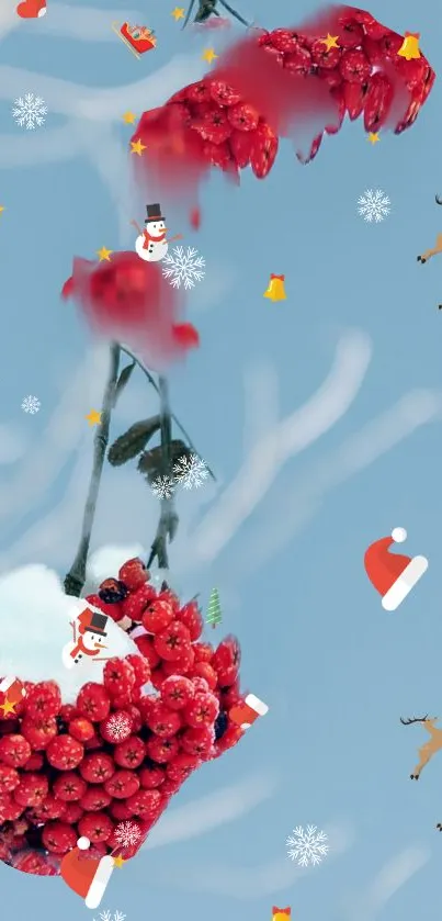 Mobile wallpaper with red berries, snowmen, reindeer, and snowflakes on a blue background.