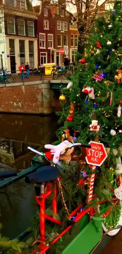 Bicycle decorated with Christmas tree by a canal.