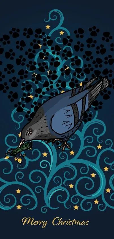 Christmas bird with blue and gold design on navy background.